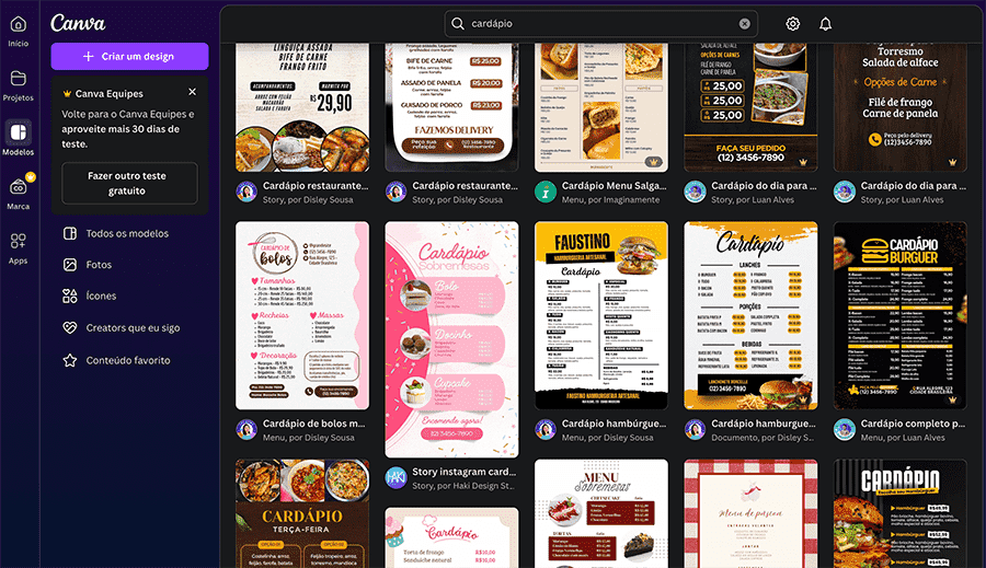 Modelos de Cardápios prontos para usar no Canva