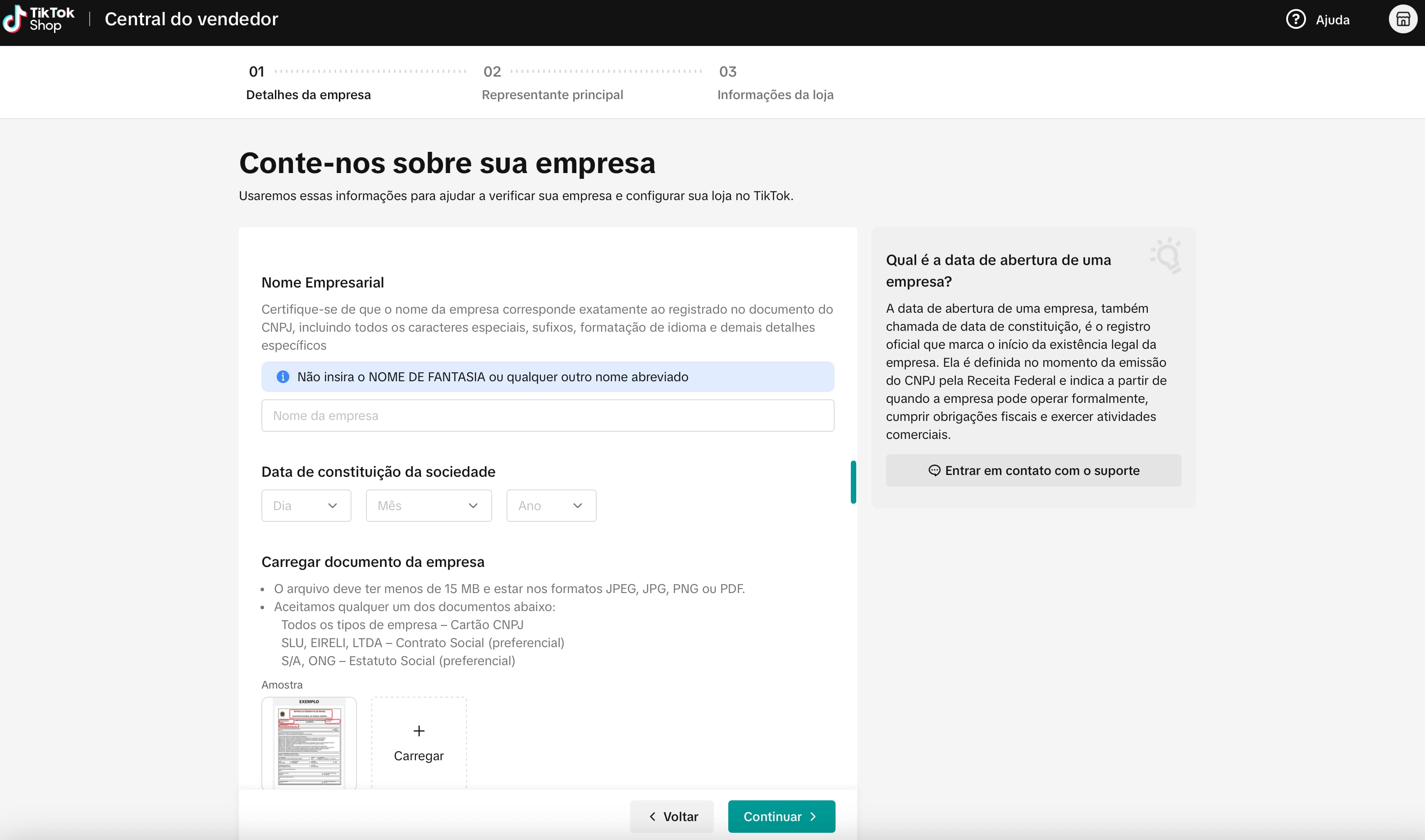 Envie documentos empresa TikTok Shop