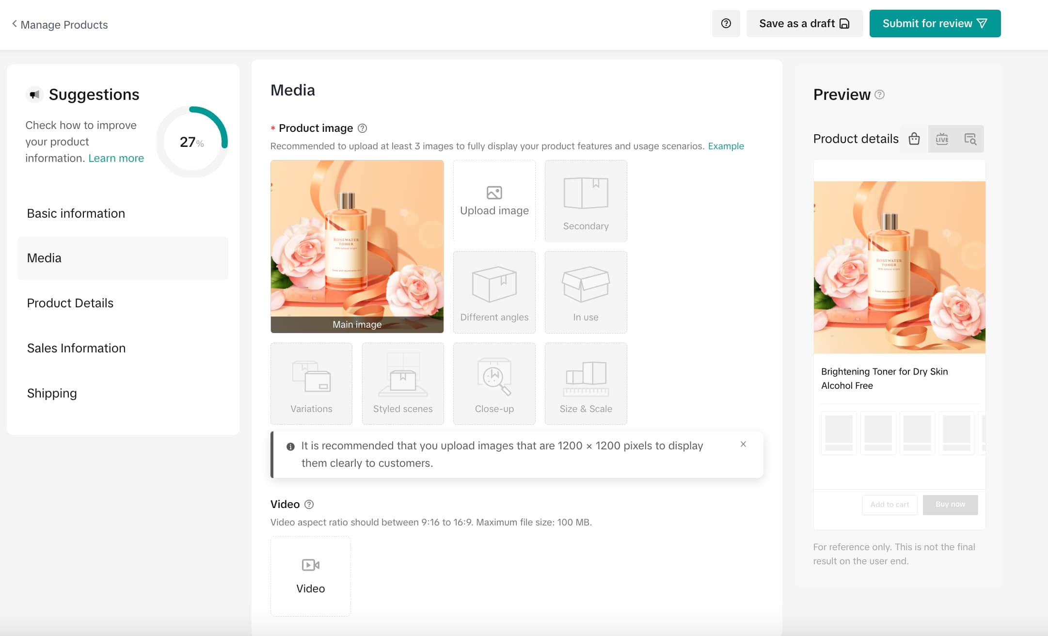 Adicionando fotos produtos no TikTok Shop