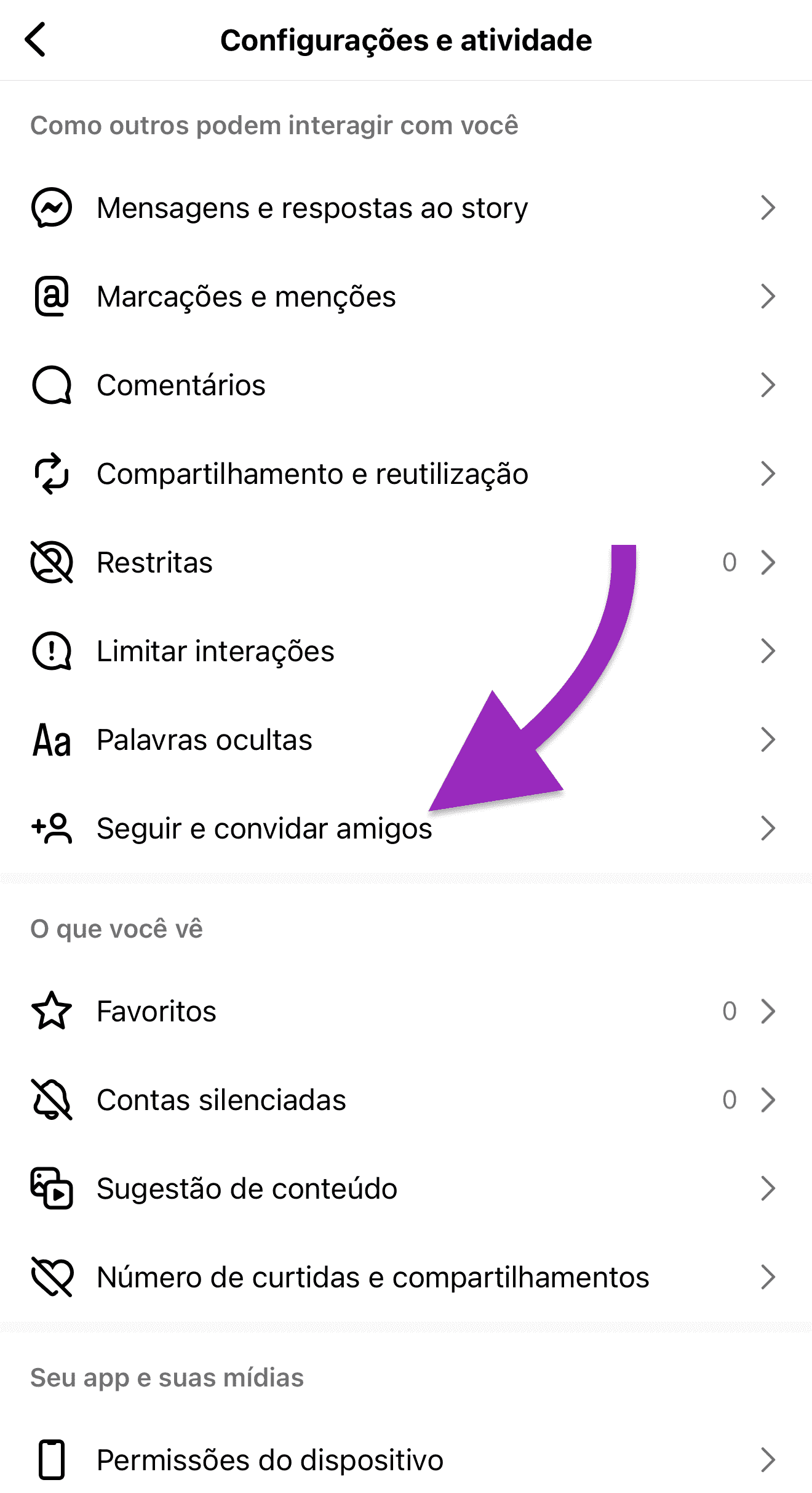 Acesse o menu Seguir e convidar amigos